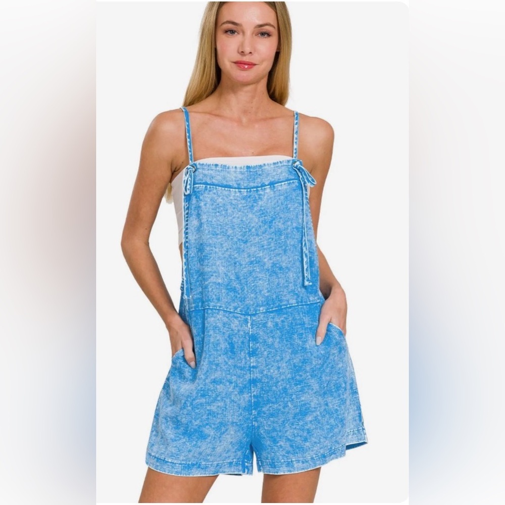 Zenana Deep Sky Washed Linen Knot Strap Romper various sizes NWT
